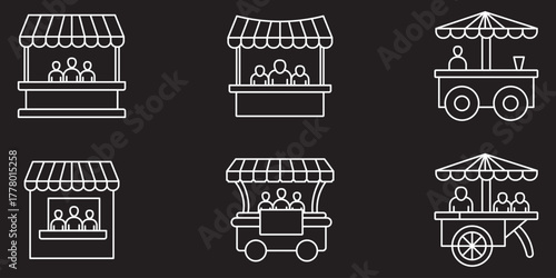 Editable vector icons of exhibition stalls, trade show kiosks, event tents, and advertising signs