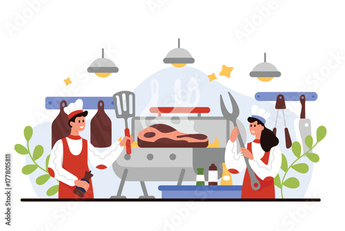 Beef steak cooking by restaurant chefs team. Tiny people in hats and uniform holding tools to grill, roast delicious piece of meat on barbecue pan in professional kitchen cartoon vector illustration