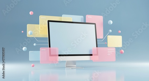 Computer monitor with abstract pastel shapes screen display spheres 3d render minimalist modern technology digital desktop device