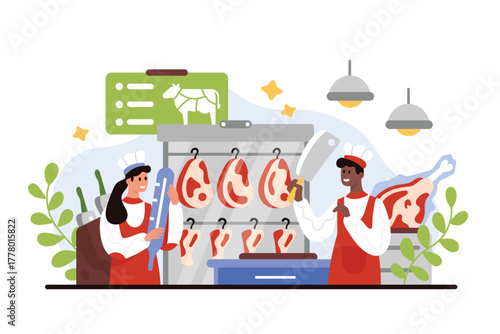 Beef aging process in butchery, steak production and storage. Tiny butchers holding thermometer to control temperature in rack with aged beef cuts, man cutting meat cartoon vector illustration