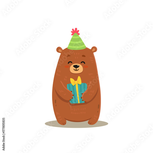 Cute cartoon bear with gift. Teddy bear in flat style for greeting card. Happy birthday. Vector illustration