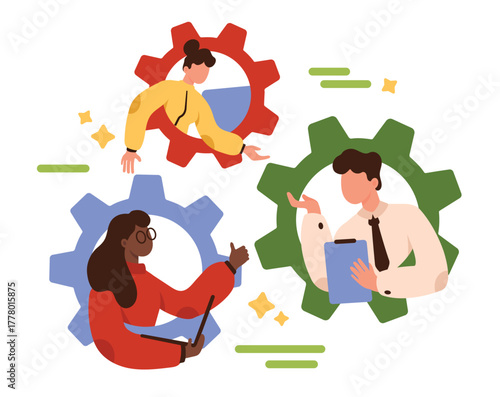 Strong dedicated team, effective cooperation and teamwork of employees. Tiny people work inside gears together, collaboration of characters building success enterprise cartoon vector illustration