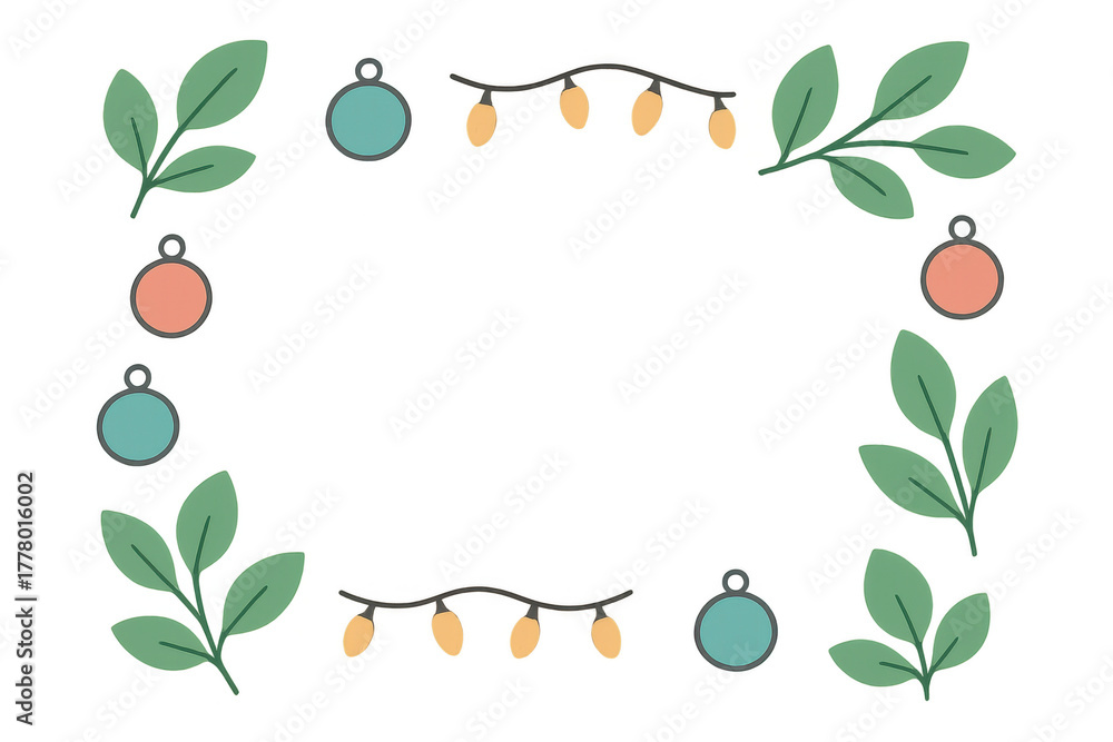 Obraz premium Christmas frame border creating a festive holiday seasonal decoration with leaves, ornaments, and string lights on transparent background