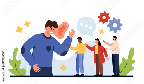 Business skill to listen to opinions, suggestions and advices. Big boss or manager with giant ear hearing voice of tiny employees on meeting, manager talking with customers cartoon vector illustration