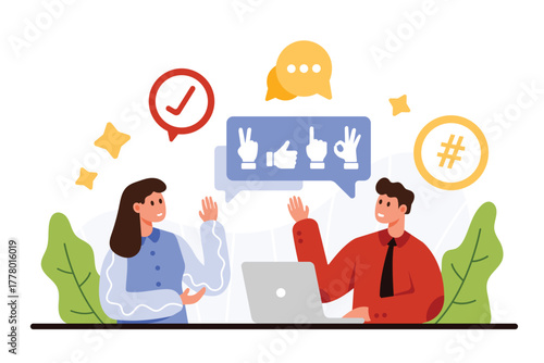 Active listening skill for business communication and negotiation. Tiny people using nonverbal body language and gestures in conversation for better understanding cartoon vector illustration