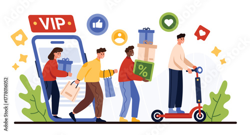 Loyalty program, incentive rewards and prizes for VIP client. Tiny people collect discounts and coupons, bonuses and gifts, customers walking from mobile phone screen cartoon vector illustration