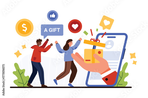 Loyalty program bonuses, giveaway. Hand giving gift box to happy tiny people from mobile phone screen, share incentive rewards and benefits for man and woman customers cartoon vector illustration