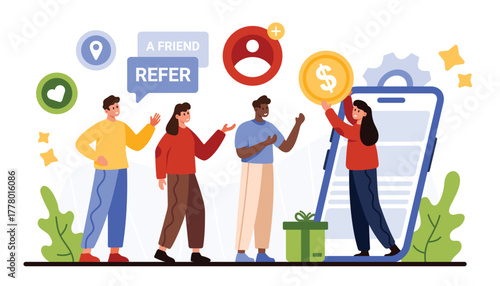 Loyalty program invite friend, bonus or cashback, discount offer. Tiny woman on mobile phone screen holding earnings coin to give rewards for group of referral people cartoon vector illustration