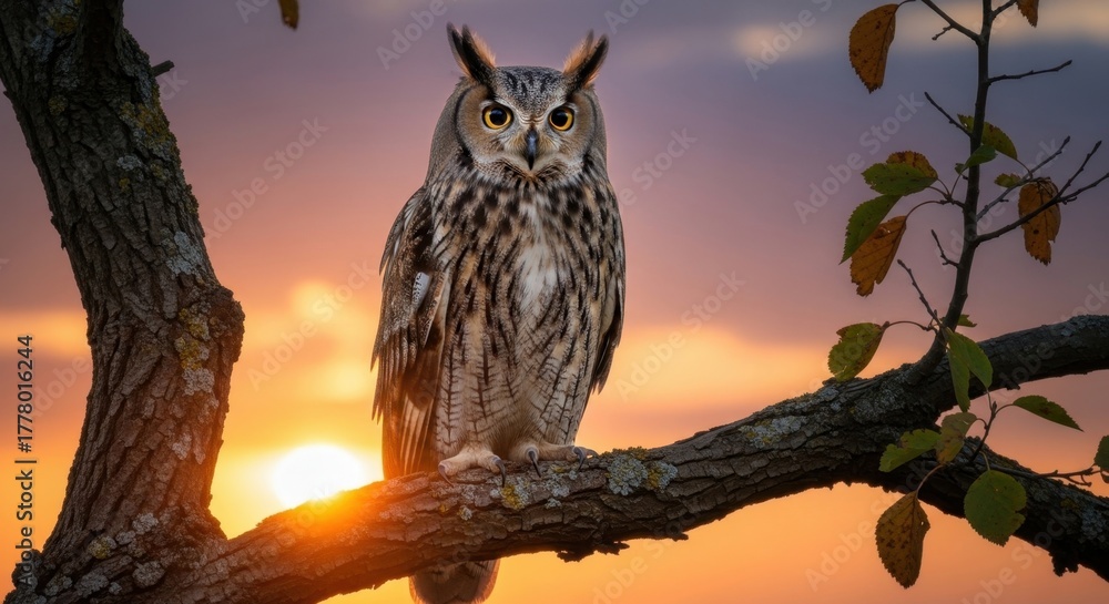 Obraz premium Majestic Owl Perched on Branch Against Vivid Sunset Sky, Intense Gaze.