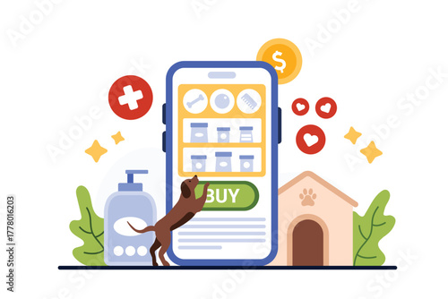 Online pet shop mobile app. Tiny dog selecting category on phone screen to buy veterinary goods and products, electronic order food, toys and grooming accessory for puppy cartoon vector illustration