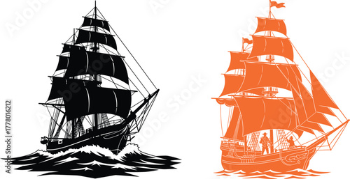 Black silhouette of a ship in waves and an orange ship with crew sailing ship tall ship