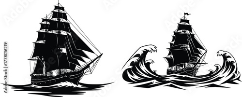 Black silhouette of a tall ship sailing through rough ocean waves sailing ship