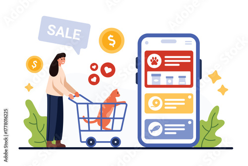 Online pet shop mobile app. Tiny woman carrying cat in shopping cart to buy food or toys purchases, electronic store selling category of pet products on phone screen cartoon vector illustration