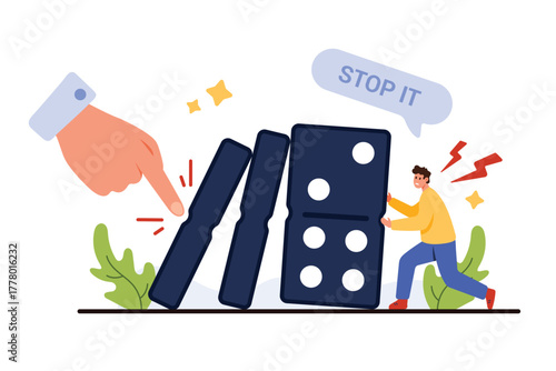 Proactive crisis management, conflict and struggle for stability of company. Giant hand of businessman pushing domino blocks, tiny man trying to stop falling with effort cartoon vector illustration