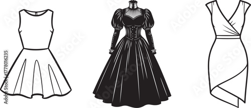 Black silhouettes of three distinct women's dresses on white background vector illustration