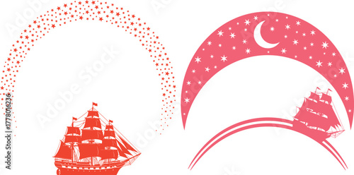 Orange sailing ship under a starry arch and a pink ship under a moon and stars arch sailboat