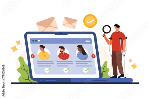 Job search for person with disability. Tiny man on crutches holding magnifying glass to research and analyze candidates resumes, find vacant vacancy on laptop screen cartoon vector illustration