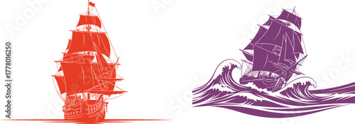 Red sailing ship silhouette and purple galleon in waves illustration vector