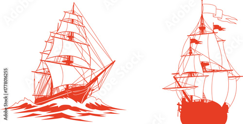 Red sailing ship in waves and another red galleon illustration silhouette