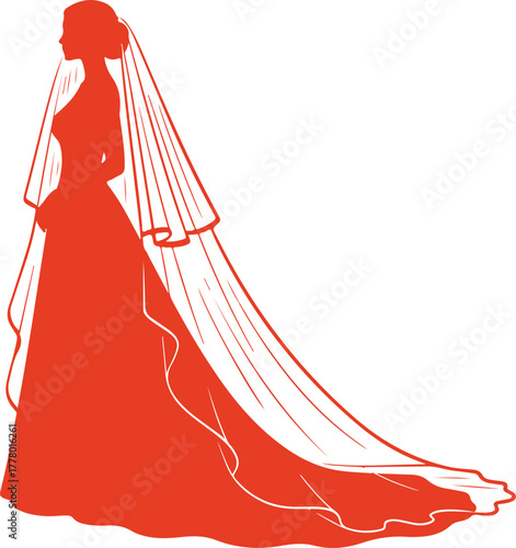 Red Silhouette of Bride in Wedding Gown with Long Veil Keywords: bride, wedding, gown, dress, silhouette, veil, bridal, fashion