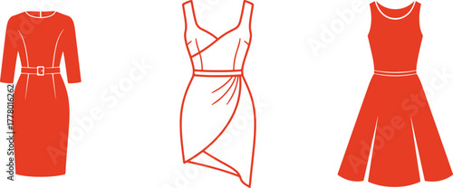 Red Silhouettes of Belted Dress Wrap Dress and Flared Dress Keywords: dress, silhouette, fashion, red, white background, belted