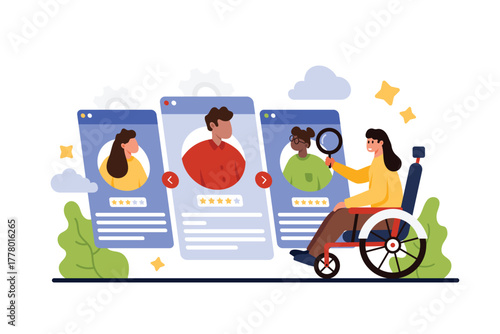 Job search for person with disability, hiring opportunity and employment. Tiny woman seeker in wheelchair looking through magnifying glass at office vacancy offers cartoon vector illustration
