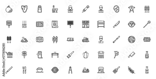 Grill Restaurant icon set. BBQ vector illustrations.Features symbols for steak skewer, chef, grill, sauc, meat, tools and more. Edtable stroke.