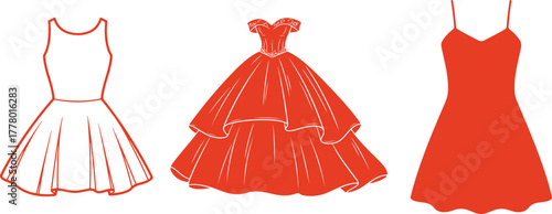 Red Silhouettes of Skater Dress Ball Gown and Slip Dress Keywords: dress, silhouette, fashion, red, white background, skater dress