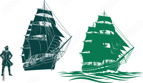 Silhouette of a captain standing next to a detailed vintage sailing ship on white person uniform