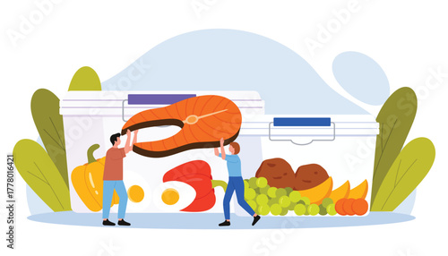 Plastic containers for food storage in fridge. Tiny people holding piece of fish to put in hermetic transparent box with lid to keep leftovers, fruits and vegetables fresh cartoon vector illustration