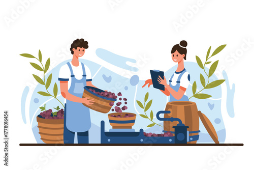 Wine production, stage of crushing grapes harvest in winemaking process. Tiny winemakers pouring red organic natural grape fruits into press machine from wooden basket cartoon vector illustration