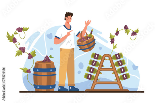 Wine production, stage of alcohol product aging and storage in winemaking process. Tiny winemaker holding wooden basket, stacked wine glass bottles on rack in basement cartoon vector illustration