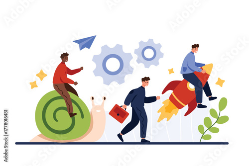 Slow and fast strategy for career growth. Business competition for tiny people, employees fly on rocket and ride on snail, boost development of skills with motivation cartoon vector illustration
