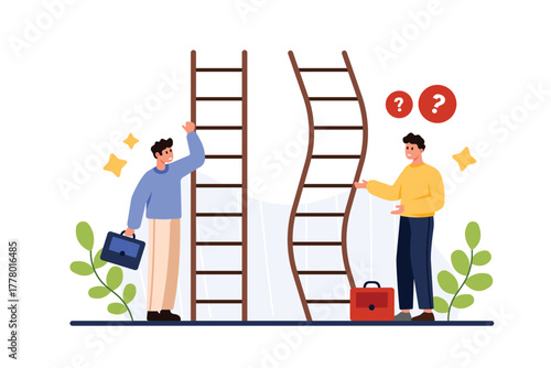 Career ladder challenge, difficulty and unequal opportunity for growth, comparison of employment conditions. Tiny people with straight and curved stairs to success cartoon vector illustration