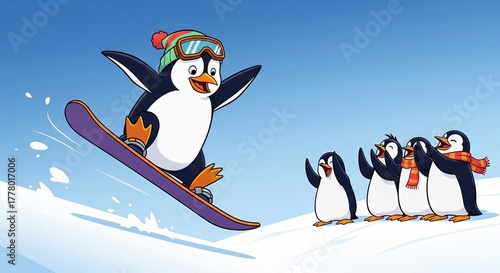 Animated penguin snowboarding adventure with penguin friends on a winter mountainside. concept of fun winter sports, playful cartoon penguins, and exciting cold weather activity
