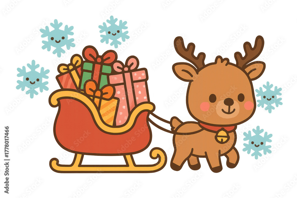 Naklejka premium Reindeer pulling a sleigh full of christmas presents during winter, surrounded by snowflakes, transparent background