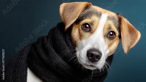 Fototapeta Naklejka Na Ścianę i Meble -  Dog is wearing a black scarf and looking at the camera. The scarf is wrapped around the dog's neck and chest
