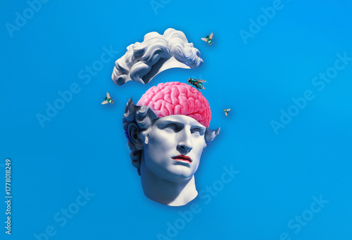 Surreal Statue with Exposed Brain and Flies: A Visual Representation of Brain Rot. Brain rot concept, brainrot, modern concept gen z