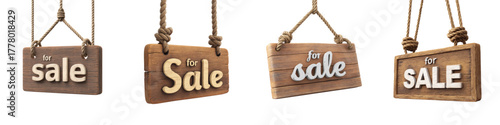 Rustic wooden signs announcing a sale for retail promotion and advertising campaigns, offering a vintage aesthetic and inviting customers to discover great deals