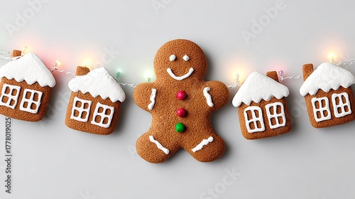 Gingerbread man is standing in front of a row of gingerbread houses. The houses are decorated with icing and candy, and the gingerbread man is smiling. Scene is festive and cheerful