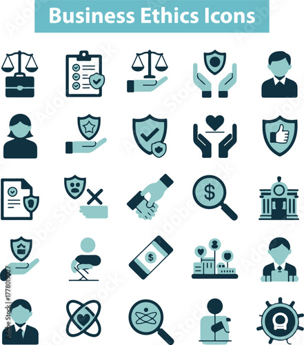 Business ethics icon set. Compliance, fairness, integrity, loyalty, trust, equality, code of conduct, honesty, anti corruption, transparency.
