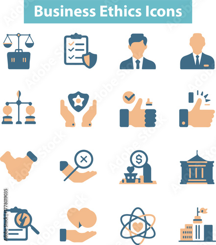 Business ethics icon set. Compliance, fairness, integrity, loyalty, trust, equality,

