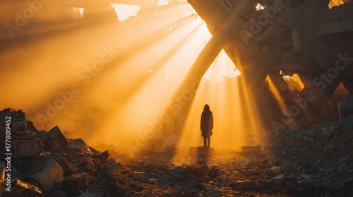 Silhouette Of A Person In Ruins Bathed In Golden Sunbeams Inside A Crumbling Structure