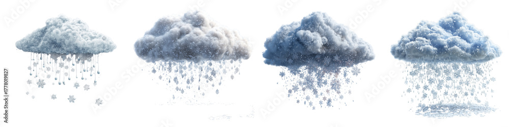 Fototapeta premium Detailed snow cloud set with falling snowflakes, perfect for winter designs or weather forecasts, adding a touch of seasonal magic to your creative projects