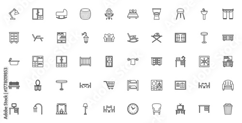 Furniture icon set. Minimal vector icons pack. Inclues table, chair, sofa, bed wardrobe, desk, lamp, cabnet, mirror and more. Editble stroke.