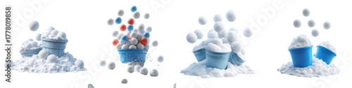 Festive snowballs dynamically falling into buckets, creating a playful and fun winter scene, perfect for holiday promotions and cheerful winter campaigns, originally vector graphics