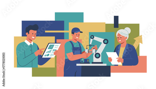 Digital factory team collaboration Engineer manager and CEO optimize production with robotics