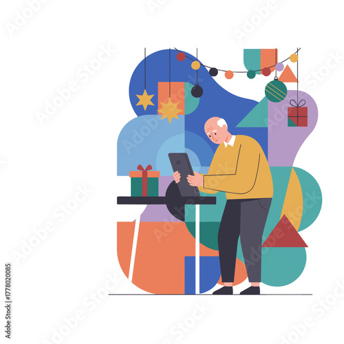 Elderly man sadly uses a tablet among festive holiday decorations feeling lonely or excluded
