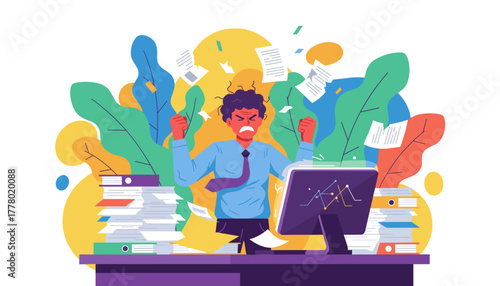 Angry office worker overwhelmed by workload and deadlines Business stress concept