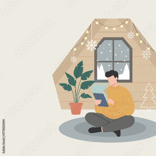 Cozy man uses tablet indoors during snowy winter holiday Digital communication and relaxation
